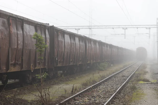 停在晨雾中的旧火车货车 — 图库照片