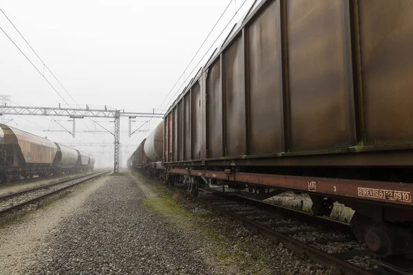 Viejos Vagones Tren Estacionados Niebla Mañana —  Fotos de Stock