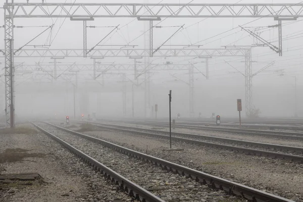 Viejos Vagones Tren Estacionados Niebla Mañana —  Fotos de Stock