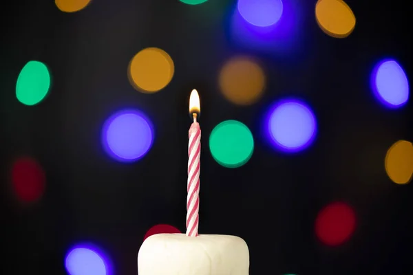 Birthday Candle White Cake Colorful Lights Background — Stock Photo, Image