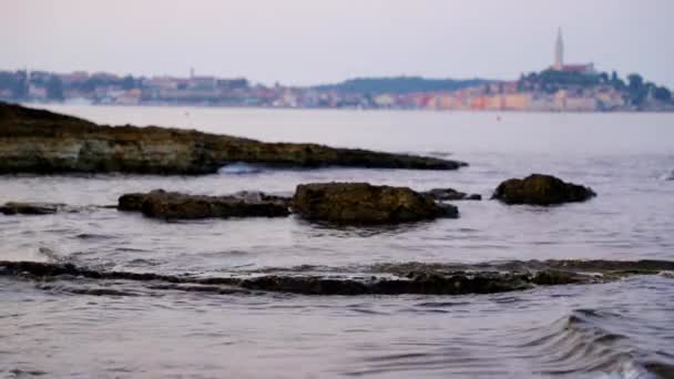 Rovigno Deniz Manzarası Yavaş Hareket Kasvetli Bir Sabah Planda Dalgalar — Stok video