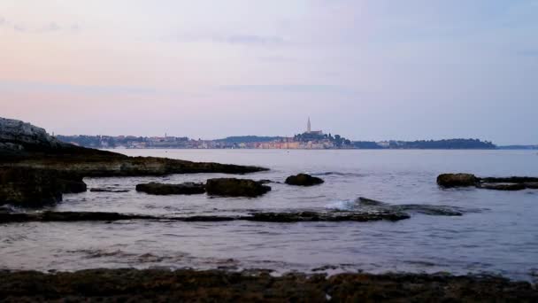 Rovigno Seascape Med Vågor Förgrunden Dyster Morgon Slowmotion — Stockvideo