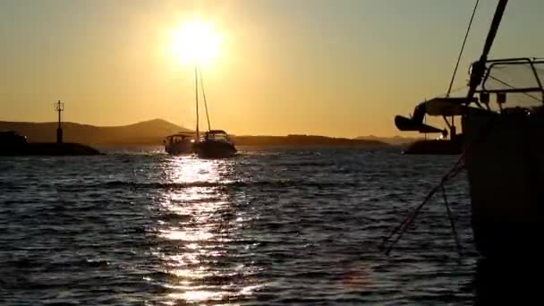 Łodzie Jachty Wpływają Wypływają Przystani Zachodzie Słońca Biogradzie Chorwacji — Wideo stockowe