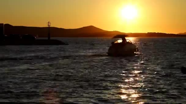 クロアチアのBiogradで日没時にマリーナに出入りするボートやヨットがスピードアップ — ストック動画