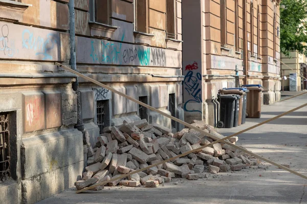 Fallen bricks from damaged building in earthquake in Zagreb