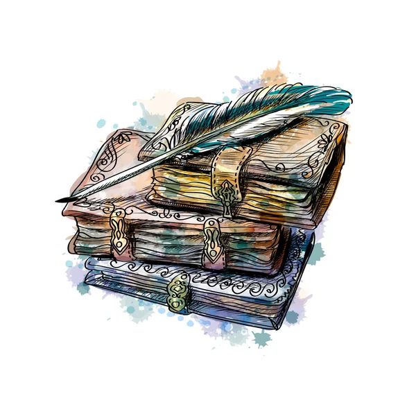 Libros antiguos pila y pluma — Vector de stock
