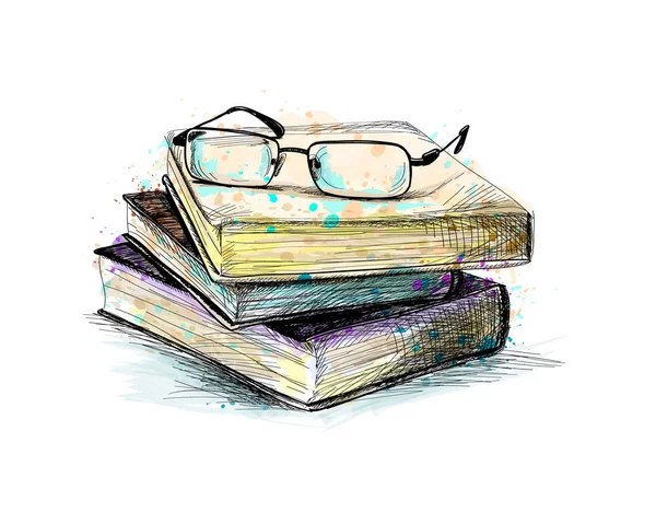 眼镜上堆叠的书籍 从飞溅的水彩 手绘素描 颜料的矢量例证 — 图库矢量图片