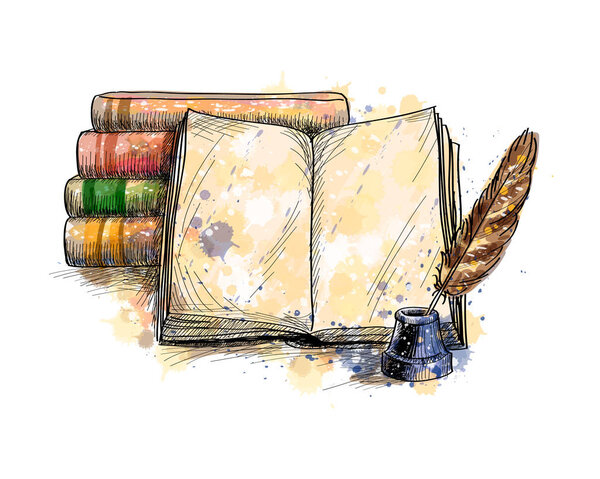 Stack of books, open book and quill pen