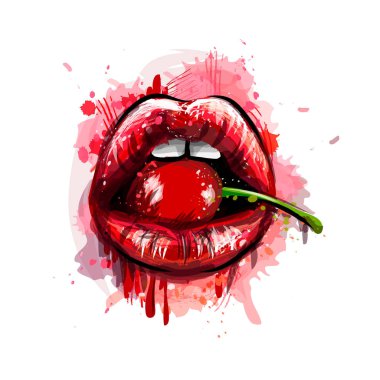 Kadın kırmızı dudaklar kiraz ile