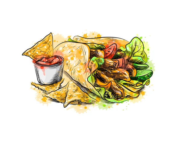 Żetony z tortilla, nachos z sosami — Wektor stockowy