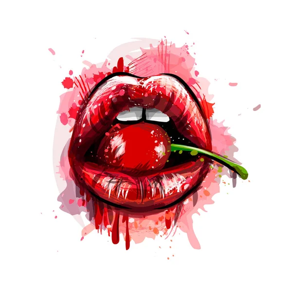 Kadın kırmızı dudaklar kiraz ile — Stok Vektör