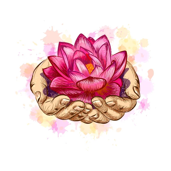 Kvinna som håller en lotusblomma — Stock vektor