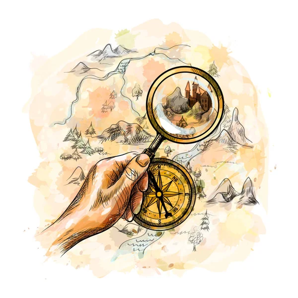 Kompas a lupu s mapu pokladu — Stockový vektor
