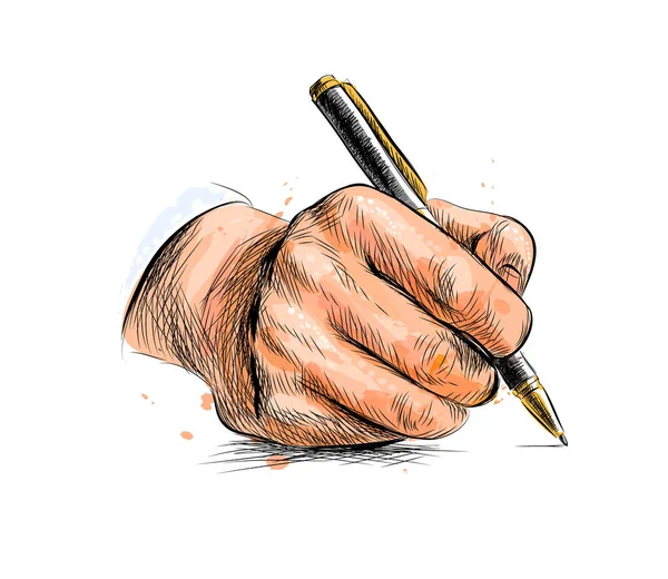 Мужская рука с ручкой от всплеска акварели — стоковый вектор