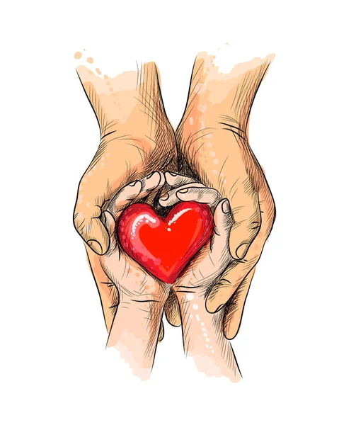 Vuxen och barn händer som håller rött hjärta, hälsovård, donera, världen hjärtat dagen — Stock vektor