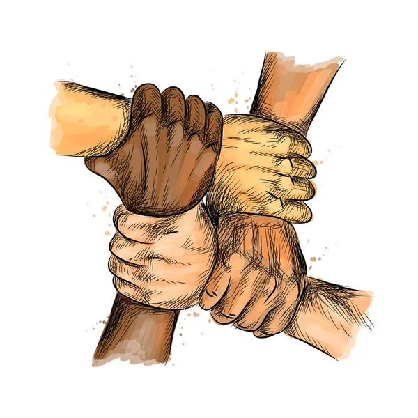 Skupina lidí spojené ruce společně vyjadřující kladný, týmová práce pojmy. — Stockový vektor