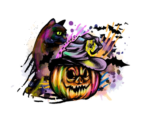 Calabaza de Halloween en sombrero de bruja y gato — Archivo Imágenes Vectoriales