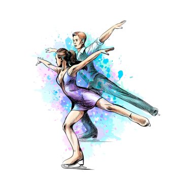 Soyut kış spor Artistik Patinaj genç çift patenciler üzerinden sıçrama suluboya