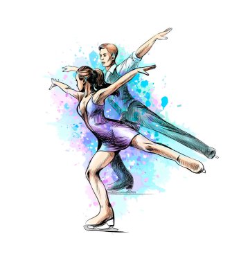 Abstract winter sport Figure skating young couple skaters from splash of watercolors clipart