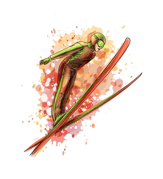 抽象跳跃滑雪者从水彩的飞溅 手绘素描 油漆的向量例证 — 图库矢量图片