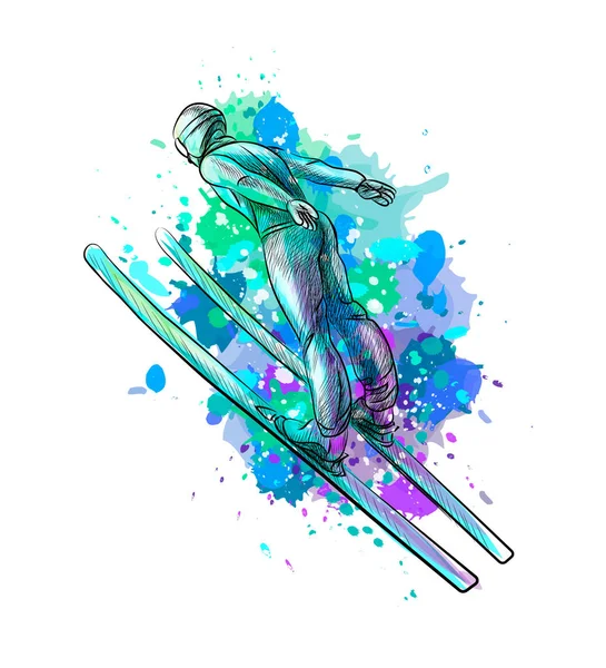 Abstrakte Skispringerin aus einem Spritzer Aquarell — Stockvektor