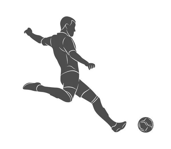 Silhouet voetbal speler snel schieten een bal op een witte achtergrond — Stockvector