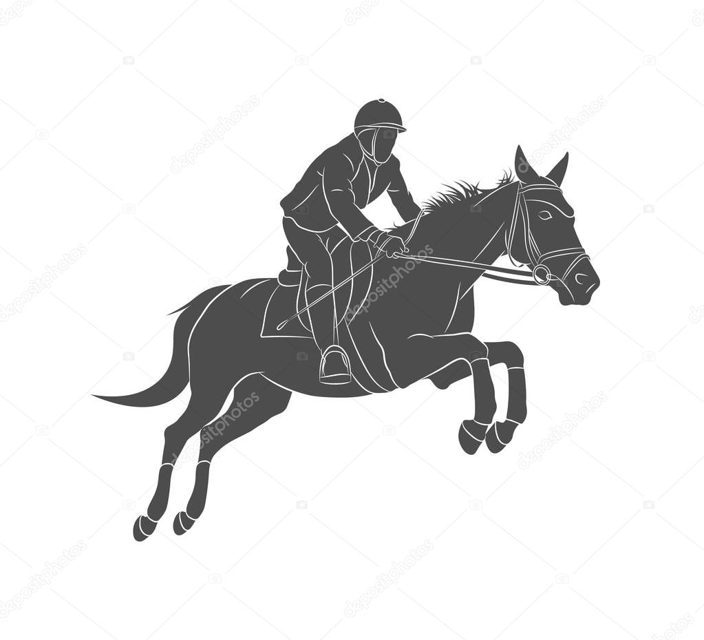Equestrian Sports, Horse jumping, Show Jumping, Horse with jockey rider jumping over hurdle on competition