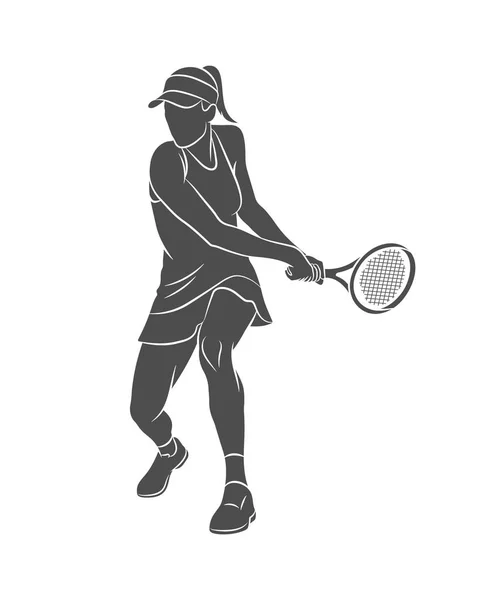Jugador de tenis de silueta con raqueta sobre fondo blanco — Vector de stock