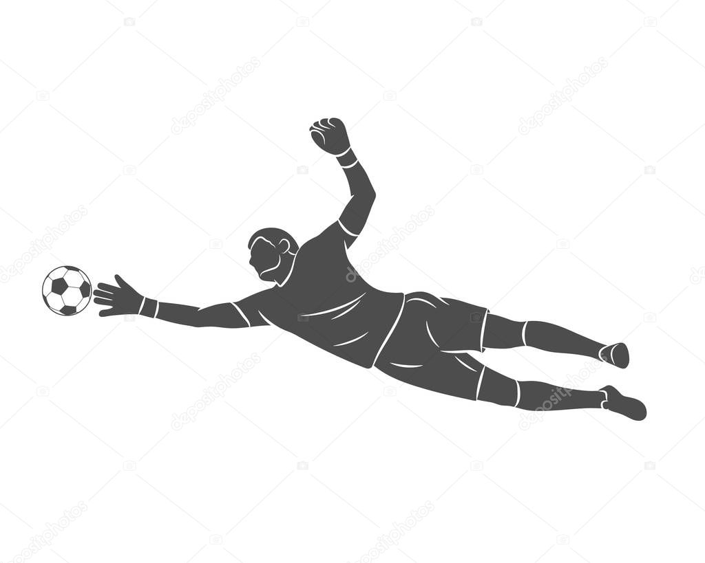Silhouette football goalkeeper is jumping for the ball. Soccer on a white background