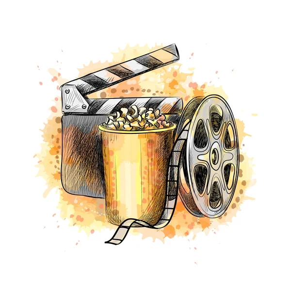 Plantilla de diseño de banner de concepto cinematográfico con palomitas de maíz, carrete de película, cinta de película — Vector de stock