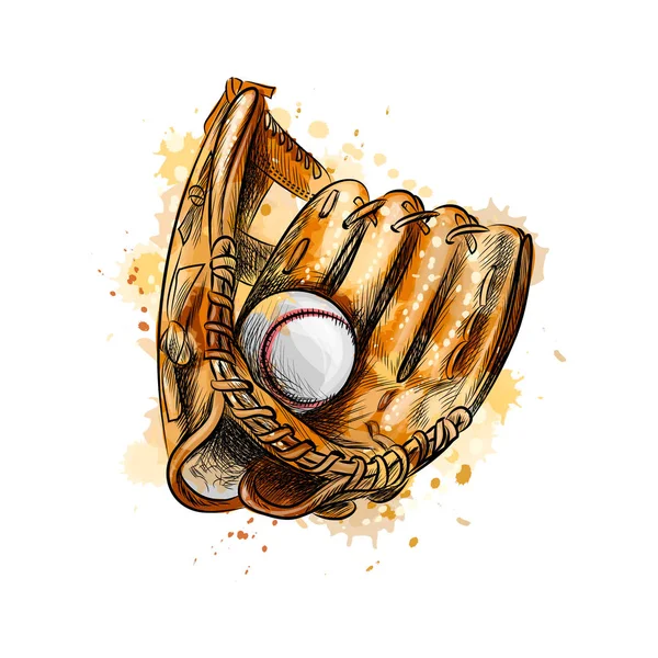 Honkbal handschoen met bal van een splash van aquarel — Stockvector