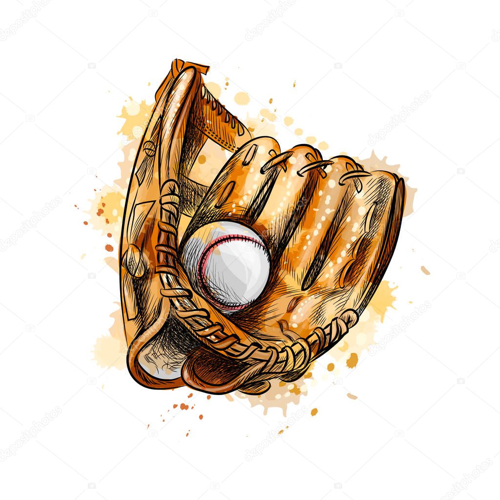 Baseball glove with ball from a splash of watercolor