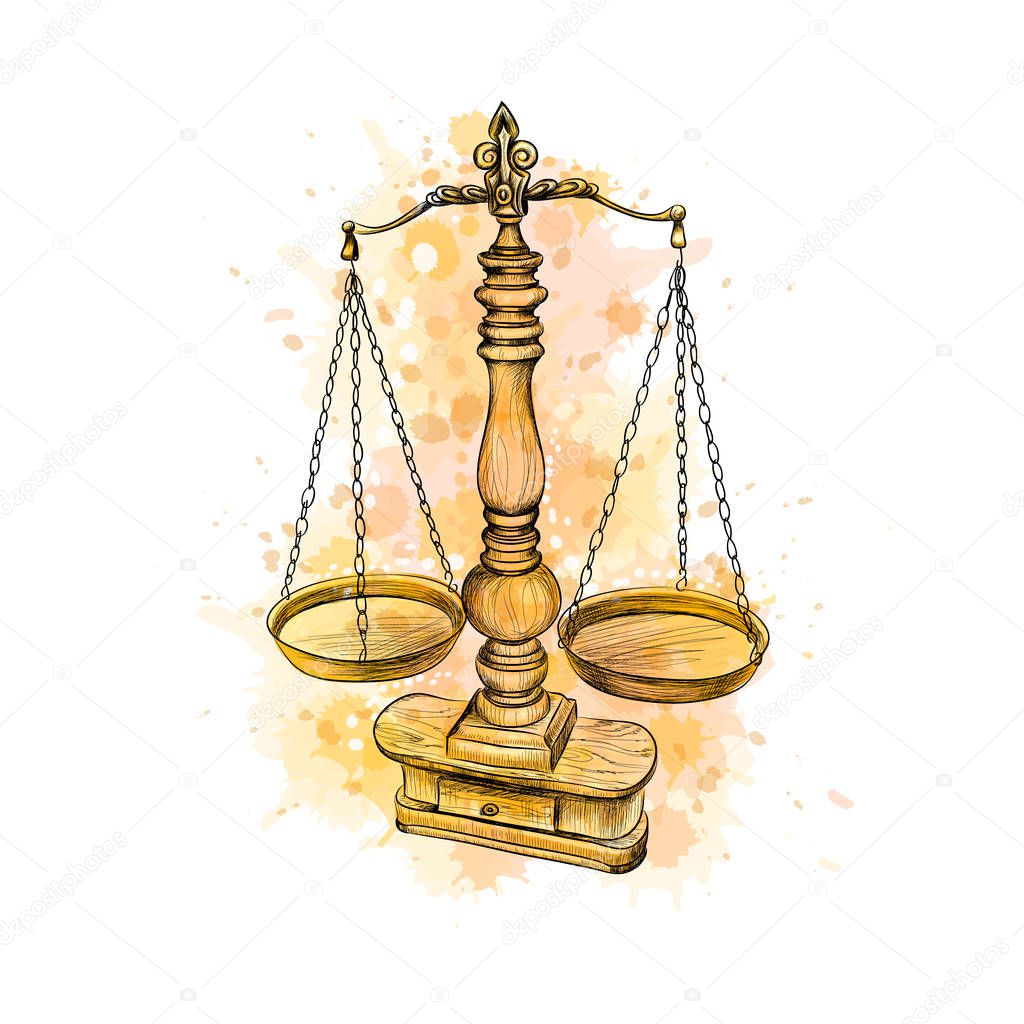 Vintage old scale, Law scales from a splash of watercolor, hand drawn sketch. Symbol of justice