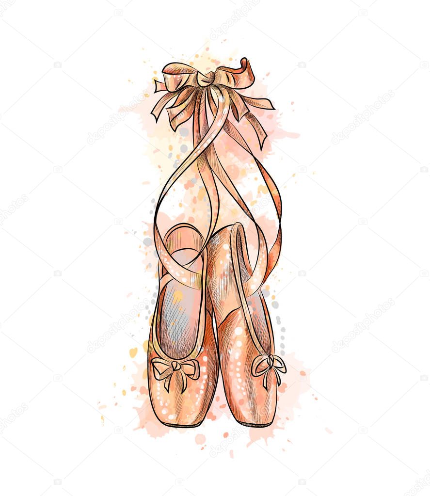 Ballet shoes, pointe shoes from a splash of watercolor