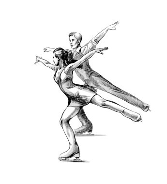 Winter sport Figure skating young couple skaters hand drawn sketch clipart