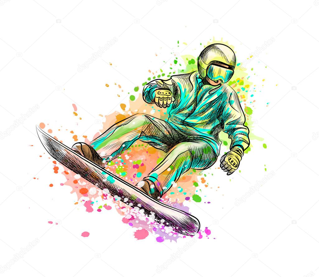 Abstract snowboarder from a splash of watercolor, hand drawn sketch. Vector illustration of paints