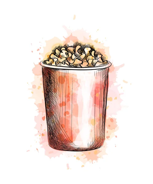 Pappbecher mit Popcorn aus einem Spritzer Aquarell — Stockvektor