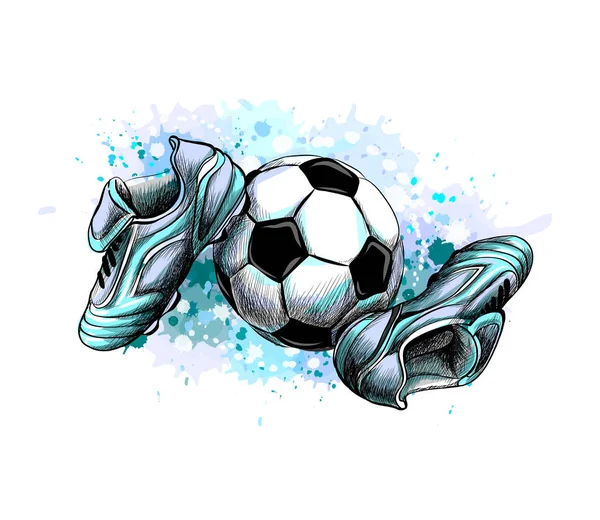 Football boots with ball from a splash of watercolor — Stock Vector