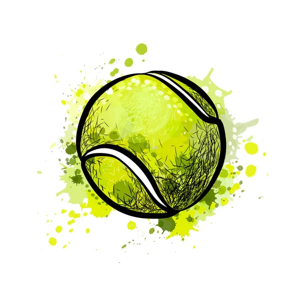 Tennisbal van een splash van aquarel, hand getrokken schets — Stockvector