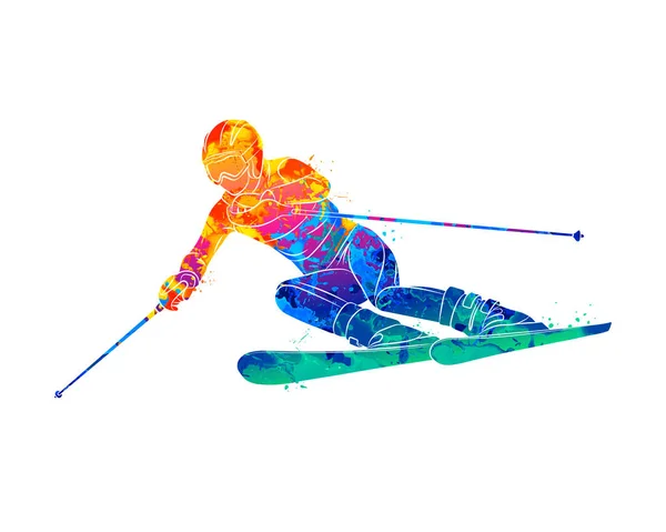 Abstract skiën. Afdaling reuzenslalom alpineskiester splash van aquarellen. Wintersport — Stockvector