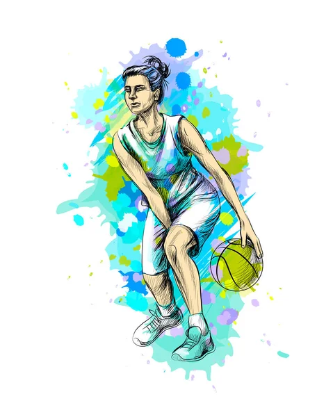 手描きの水彩画 スケッチのスプラッシュからボールを持つ抽象的なバスケット ボール プレイヤー 塗料のベクトル イラスト — ストックベクタ