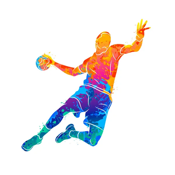 Abstracto jugador de balonmano saltando con la pelota de salpicadura de acuarelas — Archivo Imágenes Vectoriales