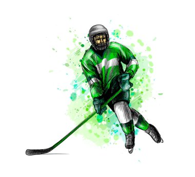 Splash suluboya soyut hokey oyuncu. Elle çizilmiş kroki. Kış spor