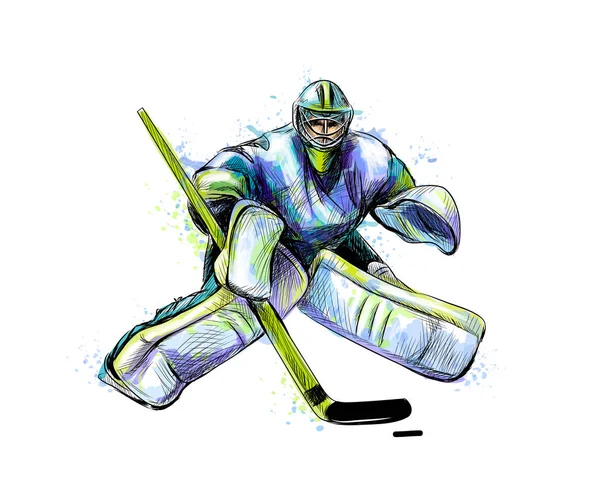 Portiere astratto di hockey da spruzzi di acquerelli. Schizzo disegnato a mano. Sport invernali — Vettoriale Stock