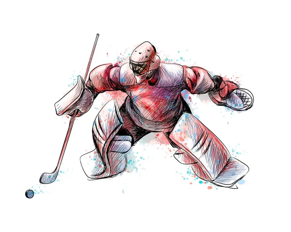 Abstrakte Hockey-Torwart aus Spritzer von Aquarellen. handgezeichnete Skizze. Wintersport — Stockvektor