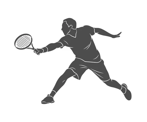 Jugador de tenis de silueta con raqueta sobre fondo blanco — Vector de stock