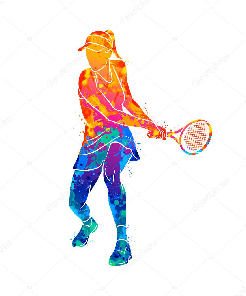 Abstract tennis player with a racket from splash of watercolors