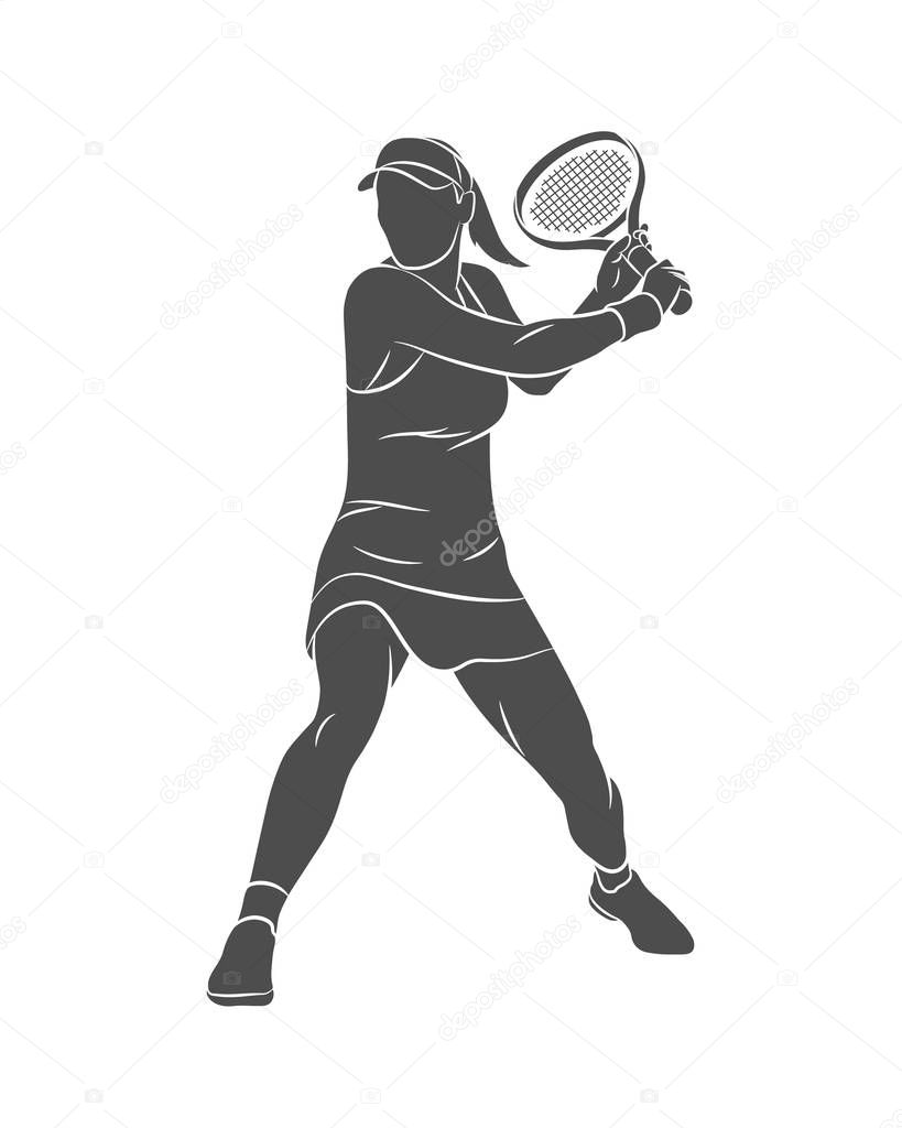 Silhouette tennis player with a racket on a white background
