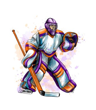 Soyut hokey kalecisi suluboya sıçrama üzerinden. Elle çizilmiş kroki. Kış spor