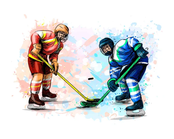 Анотація хокеїста з бризок акварелей. Рука намальована ескізом. Зимові види спорту — стоковий вектор